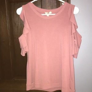Pink off the shoulder ruffle shirt.